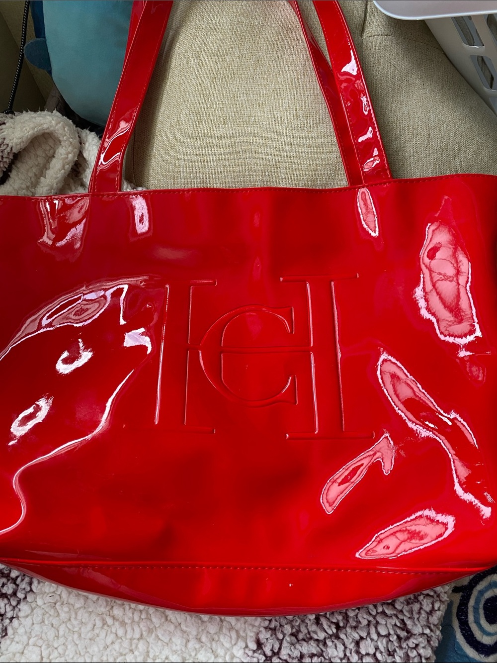 Carolina Herrera Red Patent Embossed Logo Tote